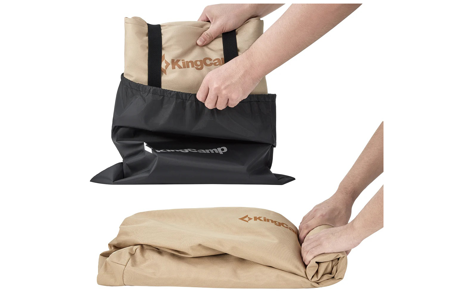 Hände falten eine beige Tragetasche in eine schwarze Hülle mit Reißverschluss