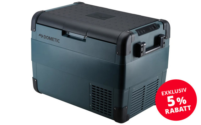 Dark blue rectangular cooler box with handles on the sides and Dometic brand logo