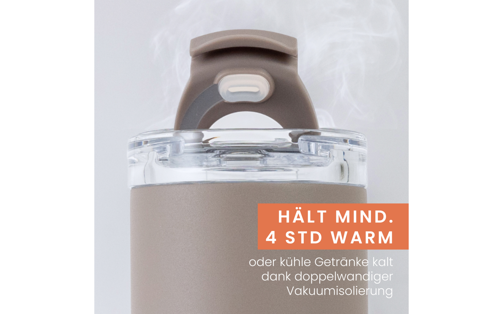 Beige isolierte Flasche mit klarem Deckel und Griff; orange Etikett mit weißem Text 'HÄLT MIND. 4 STD WARM' und kleinem weißem Text darunter