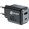 Schwarzer rechteckiger Steckadapter mit zwei runden Metallstiften, 'Berger'-Logo, Aufdruck '40W', zwei Anschlüsse (USB‑A mit orangefarbenem Innenraum, USB‑C) und silberne Eckakzente