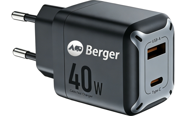 Schwarzer rechteckiger Steckadapter mit zwei runden Metallstiften, 'Berger'-Logo, Aufdruck '40W', zwei Anschlüsse (USB‑A mit orangefarbenem Innenraum, USB‑C) und silberne Eckakzente