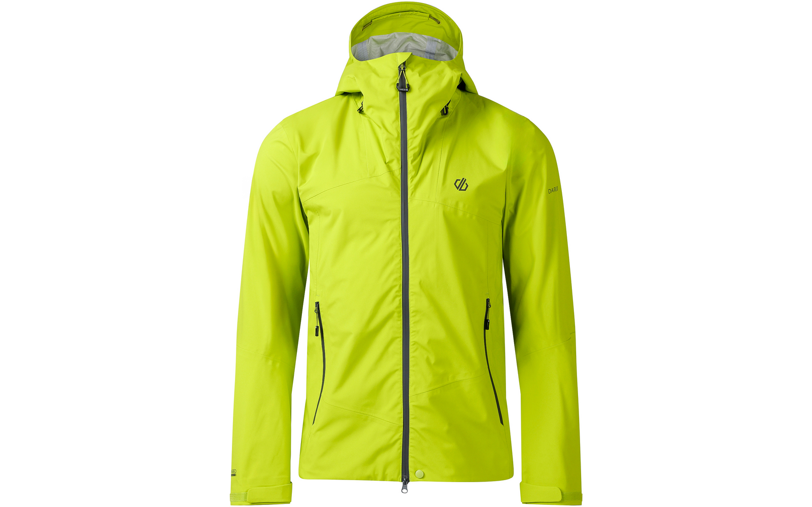 Neongelbe Outdoorjacke mit Kapuze, durchgehendem Reißverschluss, zwei seitlichen Reißverschlusstaschen und kleinem Logo auf der Brust