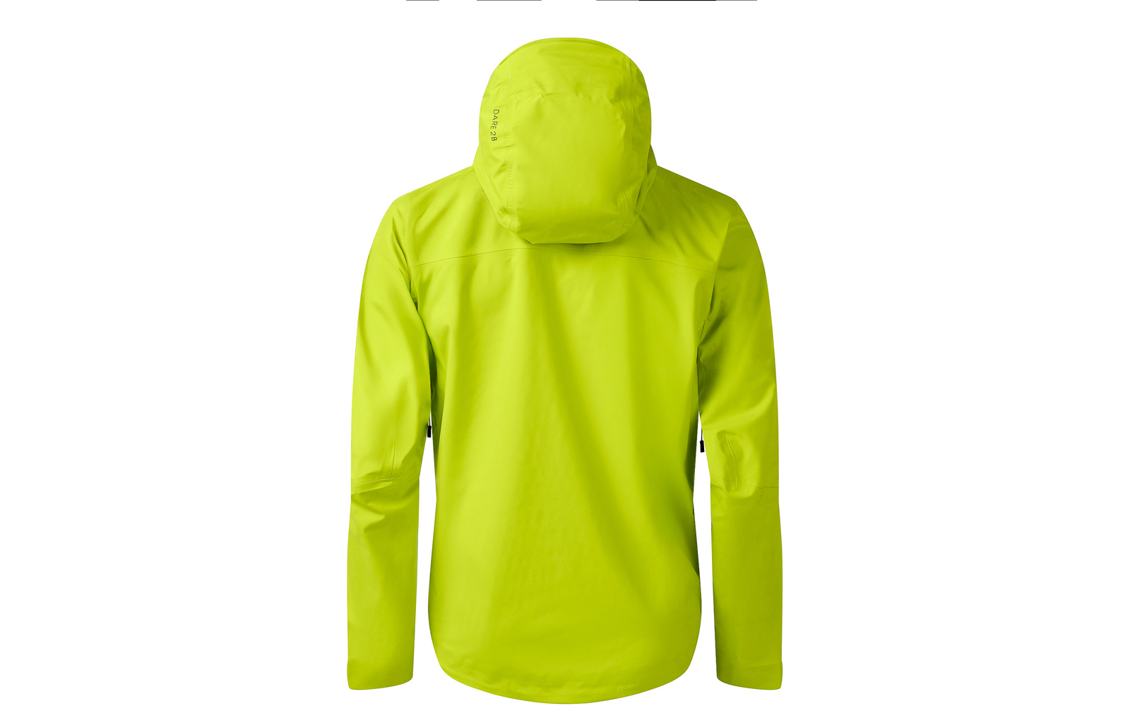 Leuchtend gelbgrüne Jacke, Rückansicht, mit Kapuze, langen Ärmeln, sichtbaren Nähten und seitlichen Reißverschlüssen