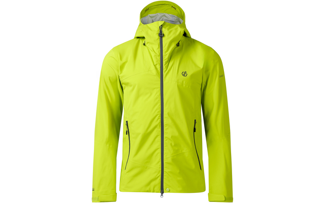 Neongelbe Outdoorjacke mit Kapuze, durchgehendem Reißverschluss, zwei seitlichen Reißverschlusstaschen und kleinem Logo auf der Brust