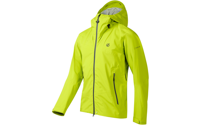 Hellgrün-gelbe Kapuzenjacke mit durchgehendem Reißverschluss, zwei Reißverschlusstaschen und kleinem Logo auf der Brust