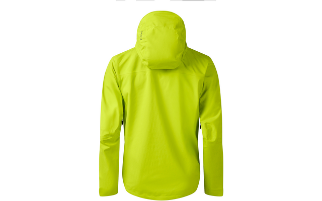 Leuchtend gelbgrüne Jacke, Rückansicht, mit Kapuze, langen Ärmeln, sichtbaren Nähten und seitlichen Reißverschlüssen