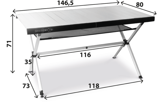 Rechteckiger Tisch mit schwarzer Kante, silbernen X-förmigen Beinen, Querstreben und Maßangaben (Zahlen mit Pfeilen)