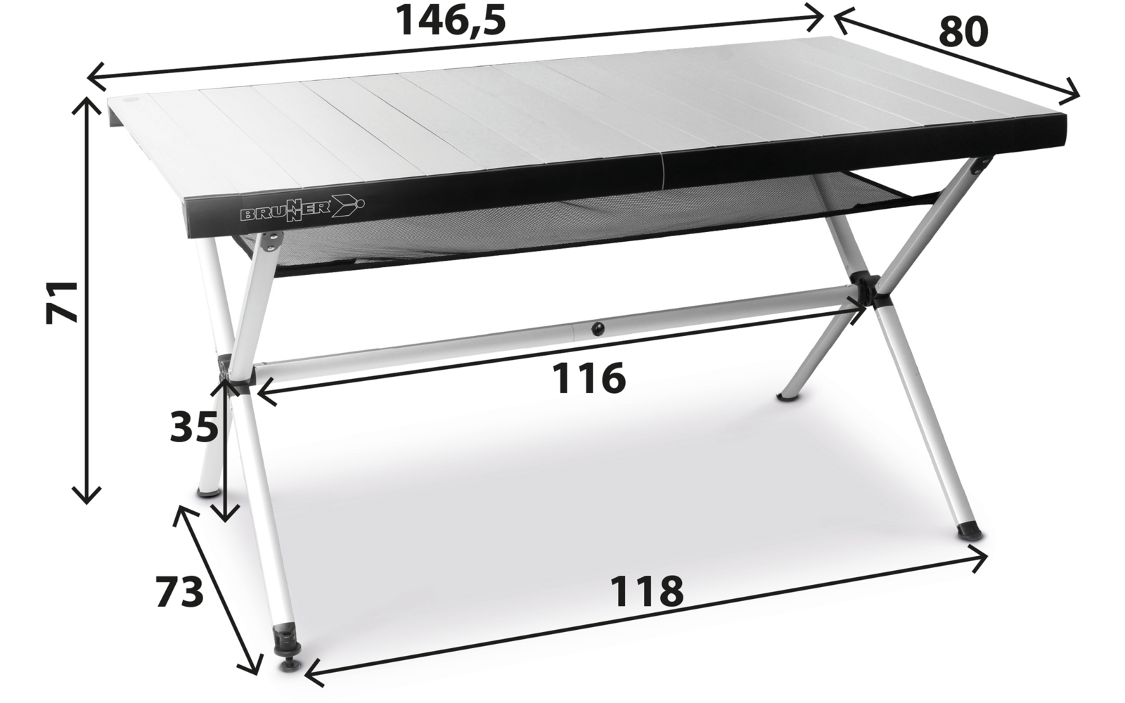 Rechteckiger Tisch mit schwarzer Kante, silbernen X-förmigen Beinen, Querstreben und Maßangaben (Zahlen mit Pfeilen)