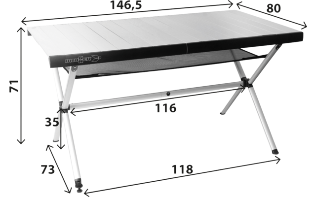 Rechteckiger Tisch mit schwarzer Kante, silbernen X-förmigen Beinen, Querstreben und Maßangaben (Zahlen mit Pfeilen)