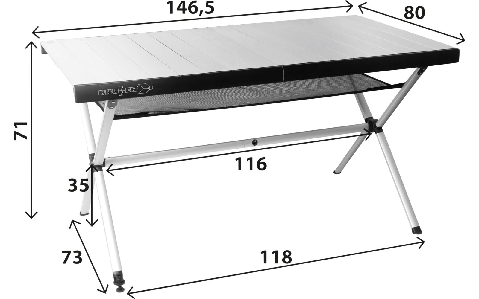 Rechteckiger Tisch mit schwarzer Kante, silbernen X-förmigen Beinen, Querstreben und Maßangaben (Zahlen mit Pfeilen)