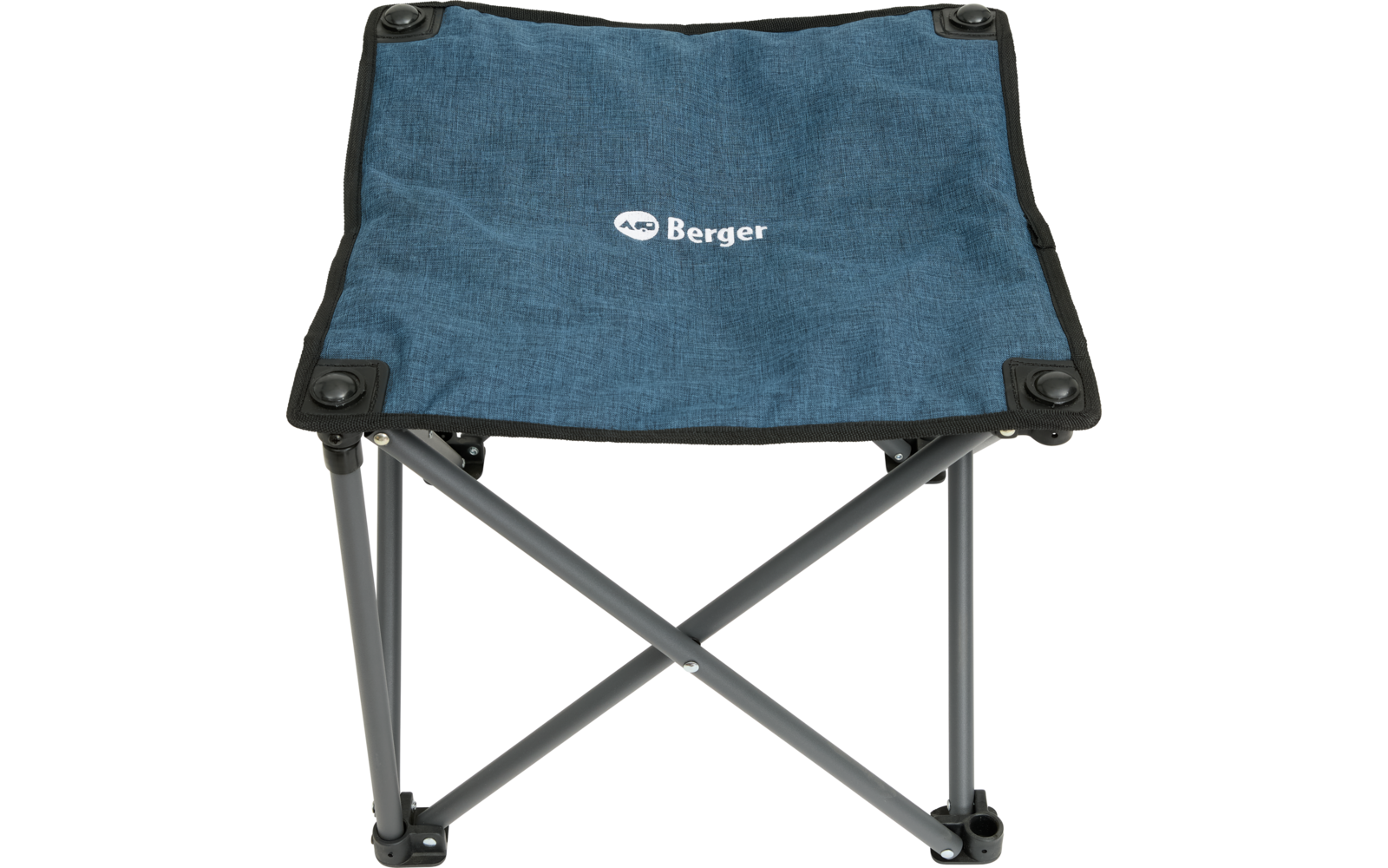 Blauer Klappstuhl mit schwarzem Gestell