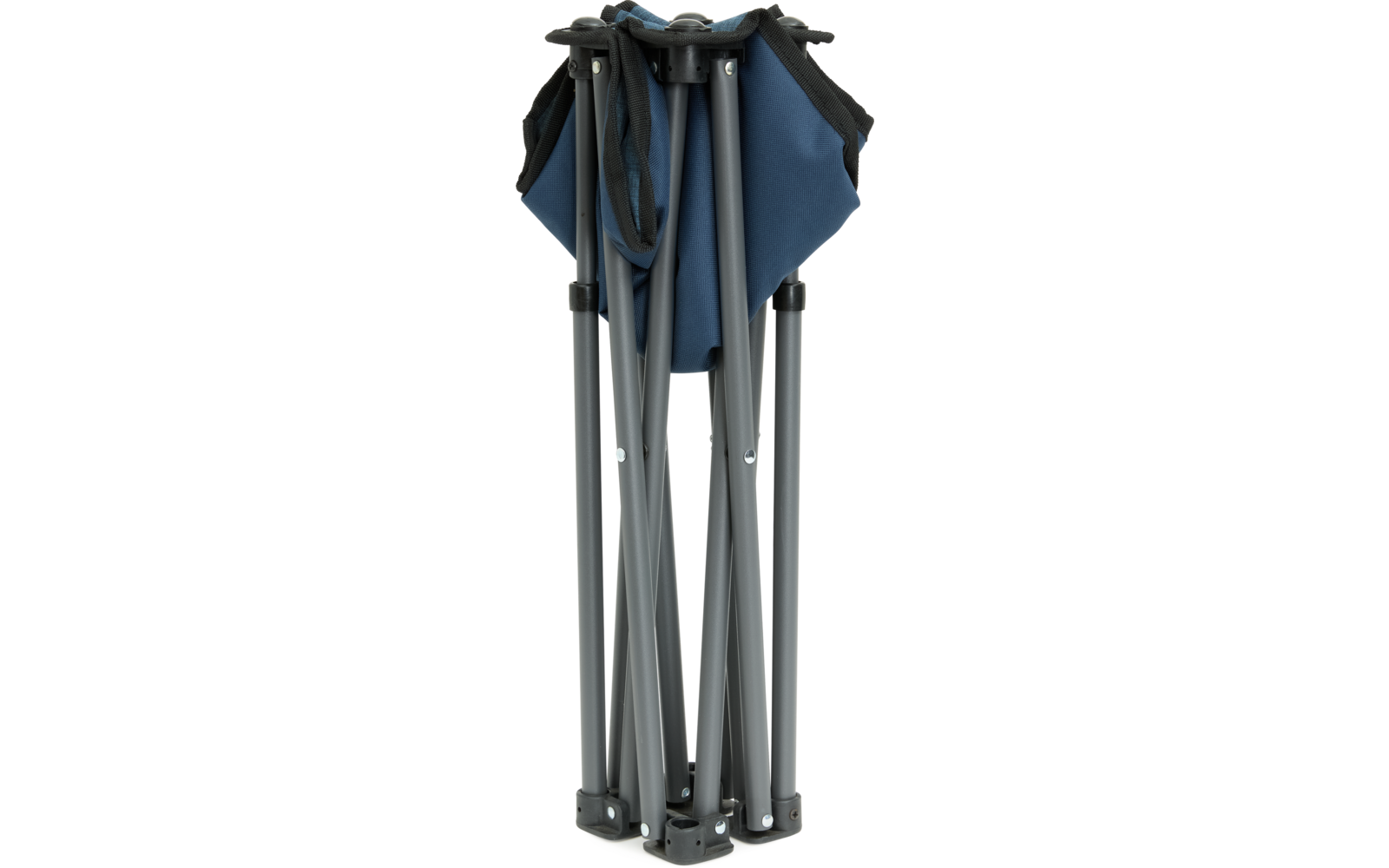 Zusammengeklappter blauer Faltstuhl mit vier Beinen aus Metall