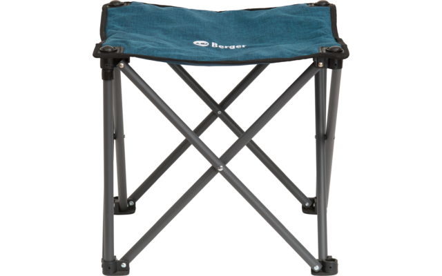 Tabouret pliant avec assise en tissu bleu et cadre métallique gris