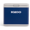 Blaue rechteckige Kühlbox mit weißem Deckel und weißem Schriftzug ‚IGLOO‘ auf der Vorderseite