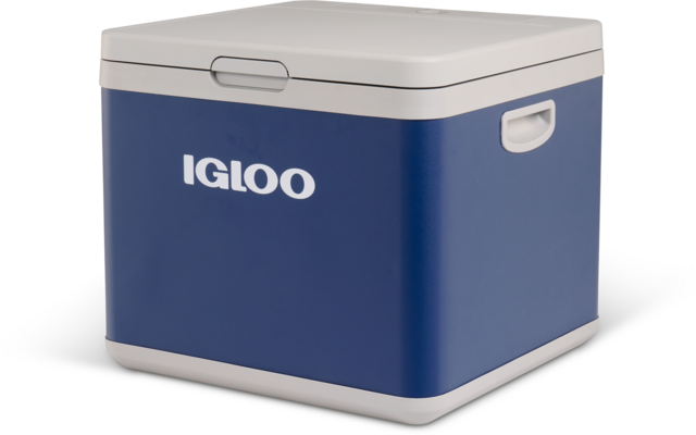 Blaue und weiße Kühlbox mit Deckel, seitlichem Griff und weißem Schriftzug 'IGLOO'