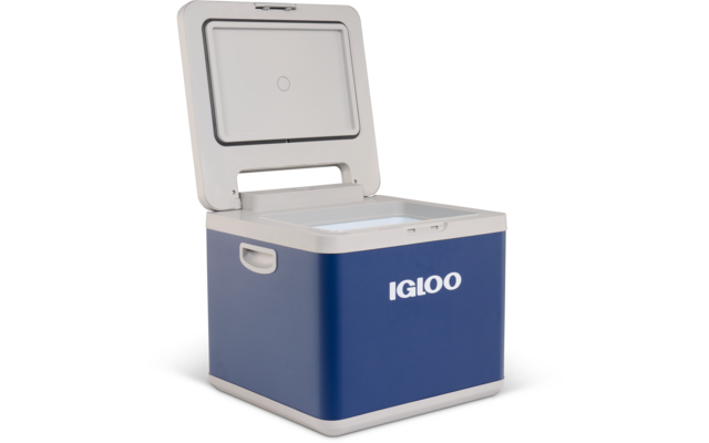Blaue rechteckige Box mit weißem, geöffnetem Deckel, IGLOO-Logo auf der Vorderseite, Innenraum sichtbar