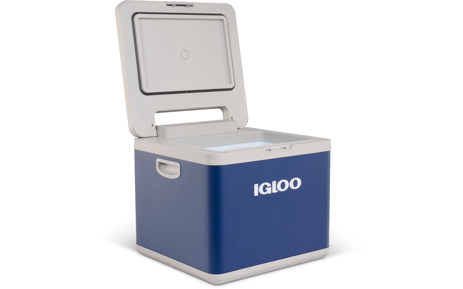 Blaue rechteckige Box mit weißem, geöffnetem Deckel, IGLOO-Logo auf der Vorderseite, Innenraum sichtbar