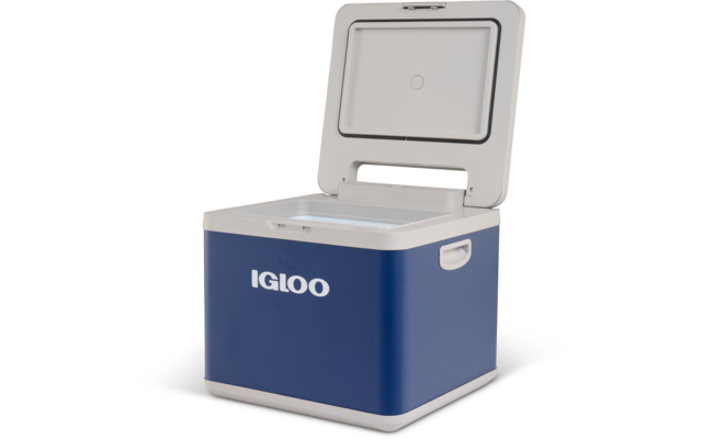 Blaue und weiße Kühlbox mit geöffnetem Deckel und 'IGLOO'-Logo auf der Vorderseite