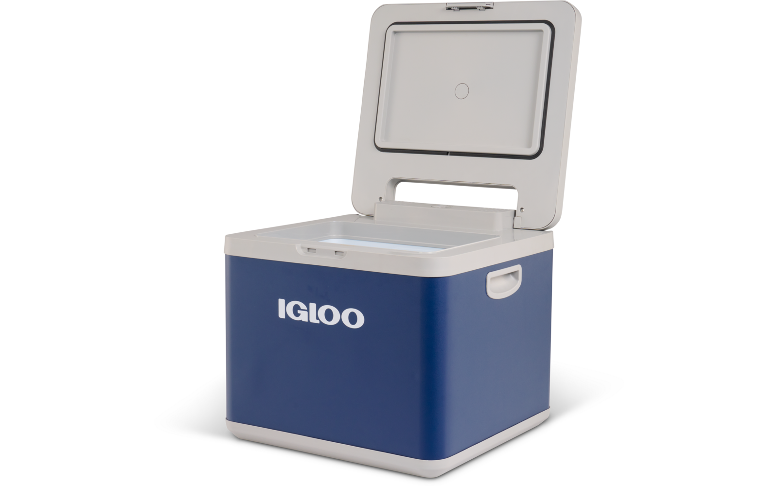 Blaue und weiße Kühlbox mit geöffnetem Deckel und 'IGLOO'-Logo auf der Vorderseite