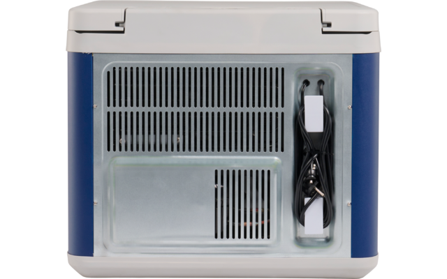 Rückseite eines rechteckigen Geräts mit weißem Deckel und Boden, blauen Seitenblenden, Lüftungsgittern und aufgewickeltem schwarzem Netzkabel in einer seitlichen Vertiefung