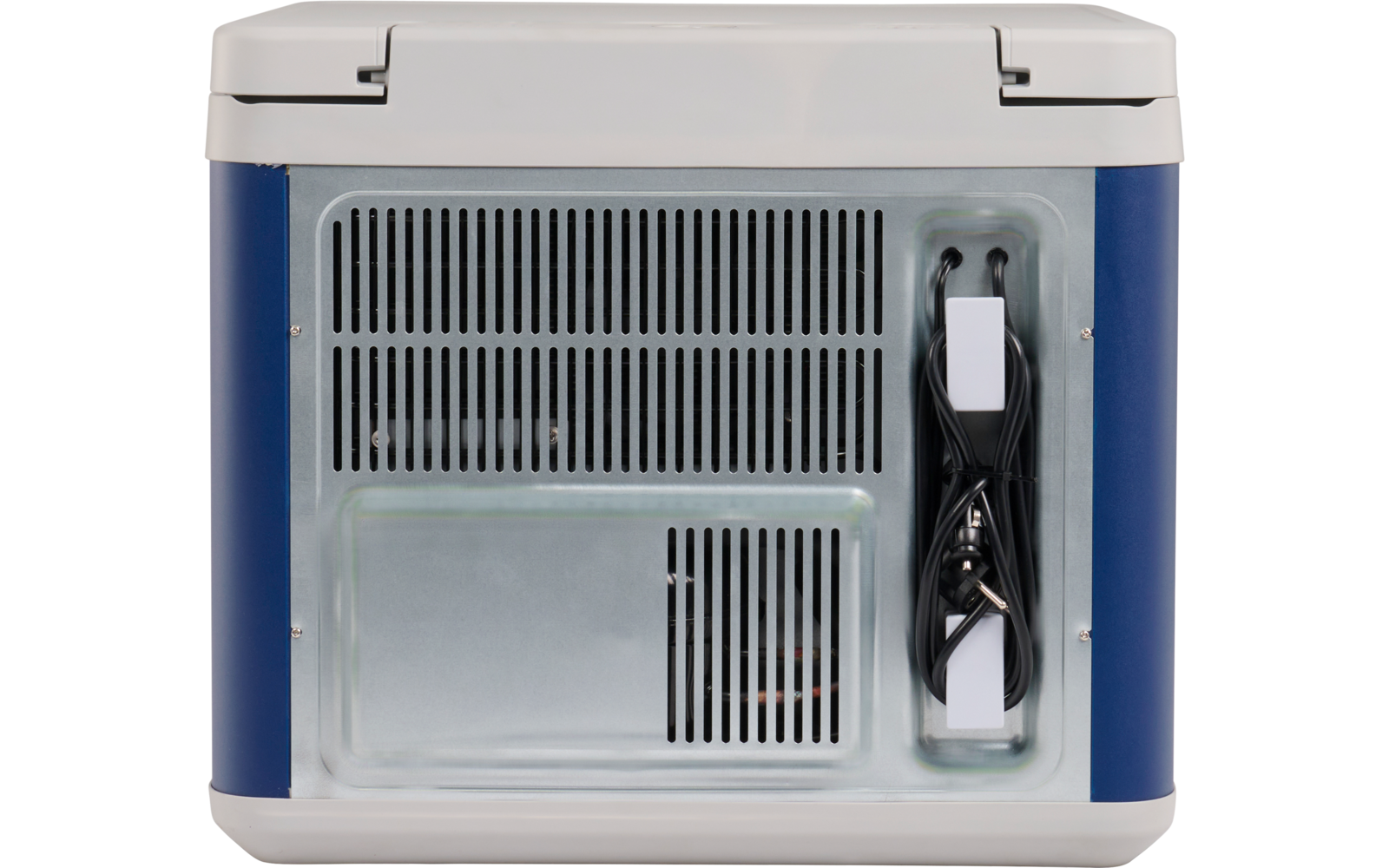 Rückseite eines rechteckigen Geräts mit weißem Deckel und Boden, blauen Seitenblenden, Lüftungsgittern und aufgewickeltem schwarzem Netzkabel in einer seitlichen Vertiefung