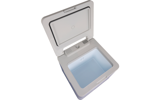 Offenes weißes, rechteckiges Behältnis mit blau beleuchtetem Innenraum; Drehregler und Lüftungsschlitze am oberen Innenrand