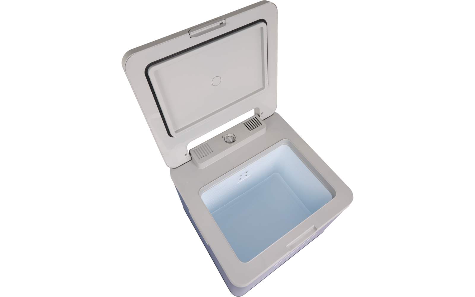 Offenes weißes, rechteckiges Behältnis mit blau beleuchtetem Innenraum; Drehregler und Lüftungsschlitze am oberen Innenrand