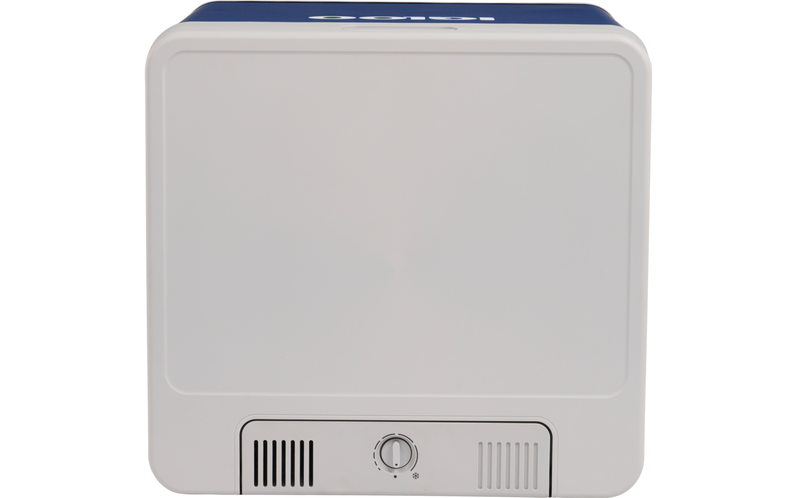 Weißes, quadratisches Gerät mit abgerundeten Ecken; glatte Frontfläche; unten zwei Lüftungsschlitze und mittiger Drehschalter; obere Kante blau