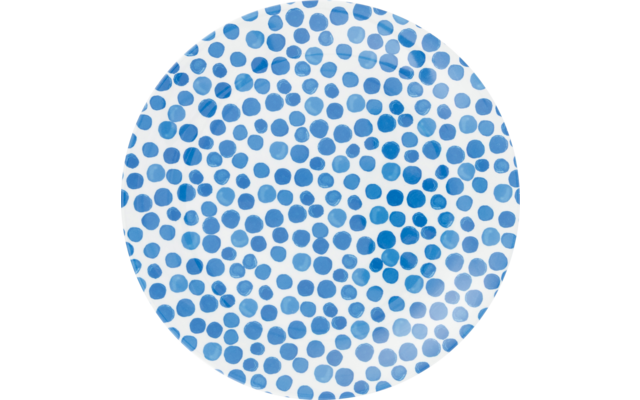 Rond bord met een dicht patroon van blauwe stippen in verschillende groottes op een witte achtergrond en zichtbare lichtreflecties