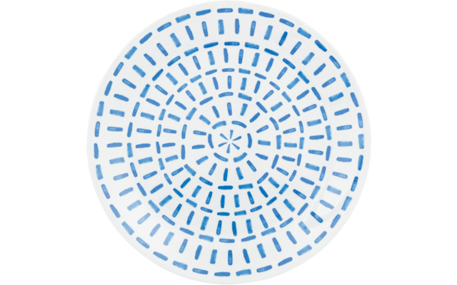 Rond wit bord met een concentrisch patroon van korte blauwe streepjes