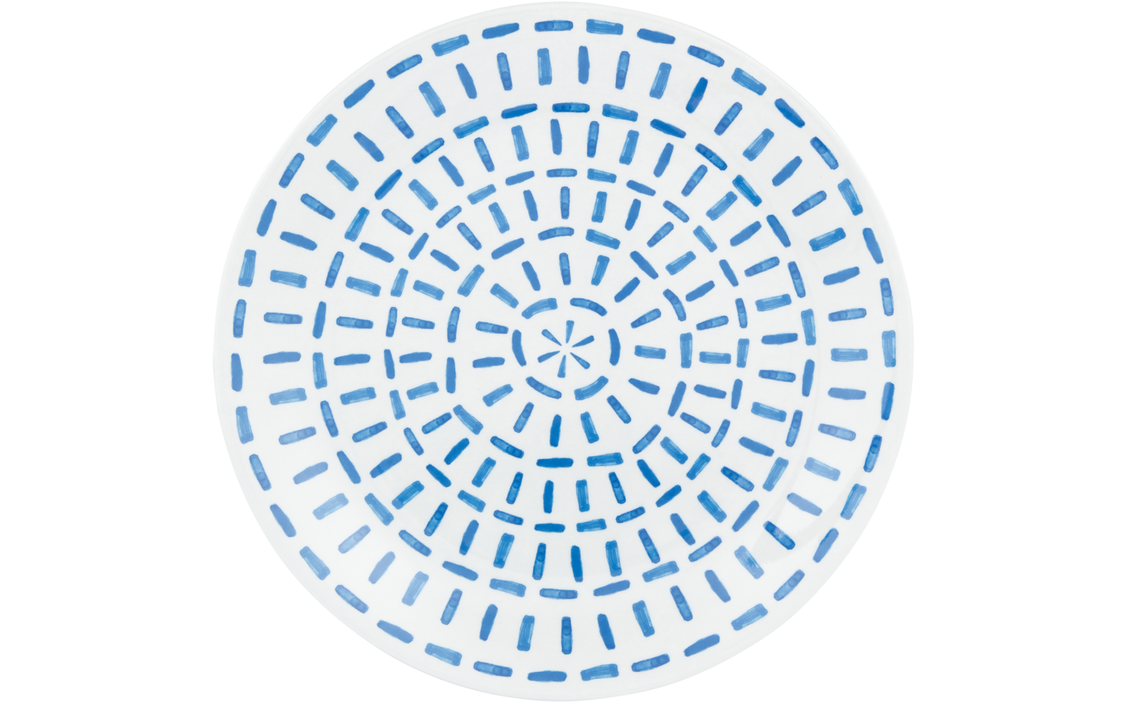 Rond wit bord met een concentrisch patroon van korte blauwe streepjes