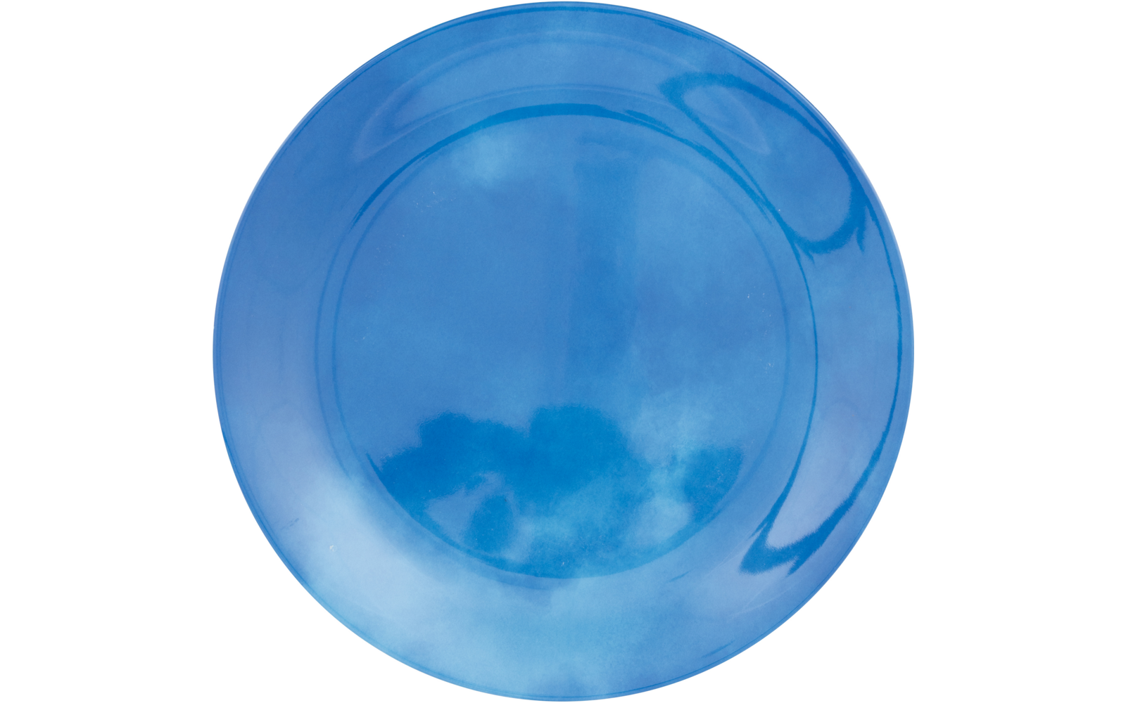 Rond blauw bord met glanzend oppervlak en lichtreflecties