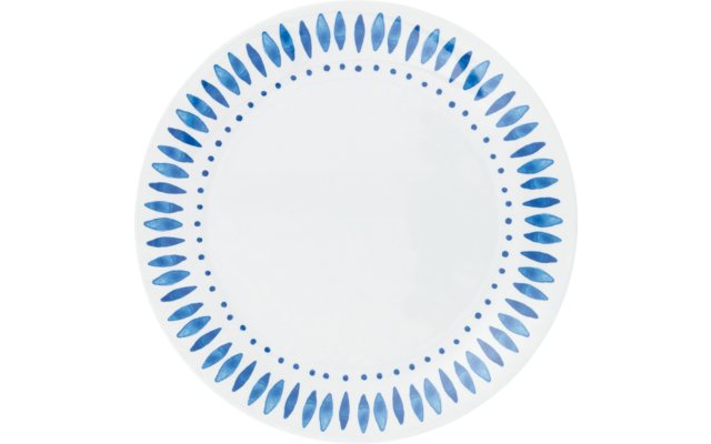 Rond wit bord met blauwe bladvormige motieven langs de rand en een binnenste ring van kleine blauwe stippen