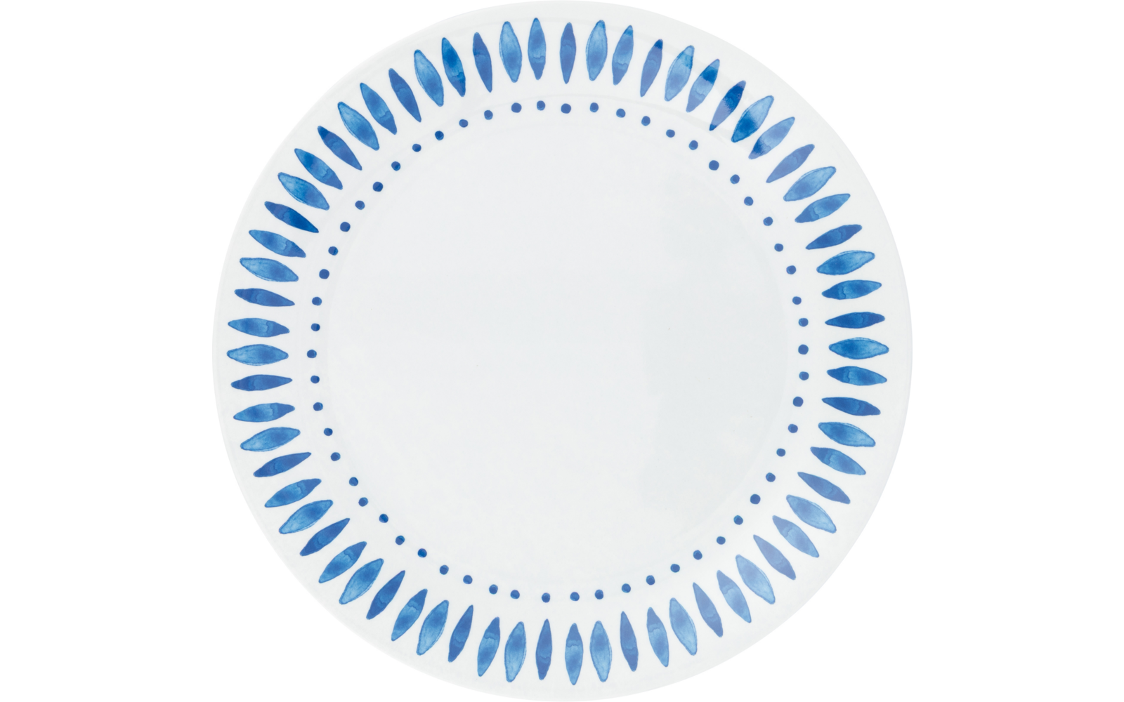 Rond wit bord met blauwe bladvormige motieven langs de rand en een binnenste ring van kleine blauwe stippen
