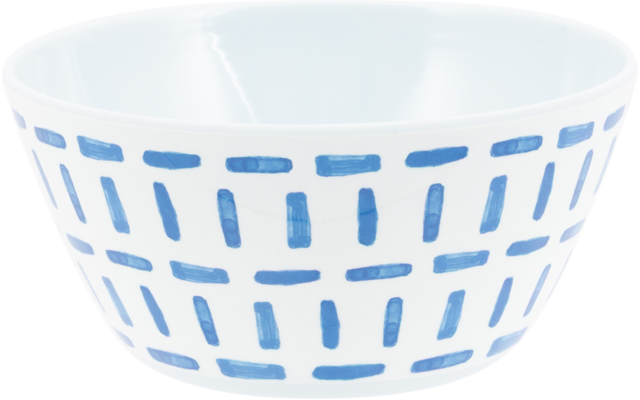 Witte kom met blauw, rechthoekig streepjespatroon aan de buitenkant en witte binnenkant op witte achtergrond