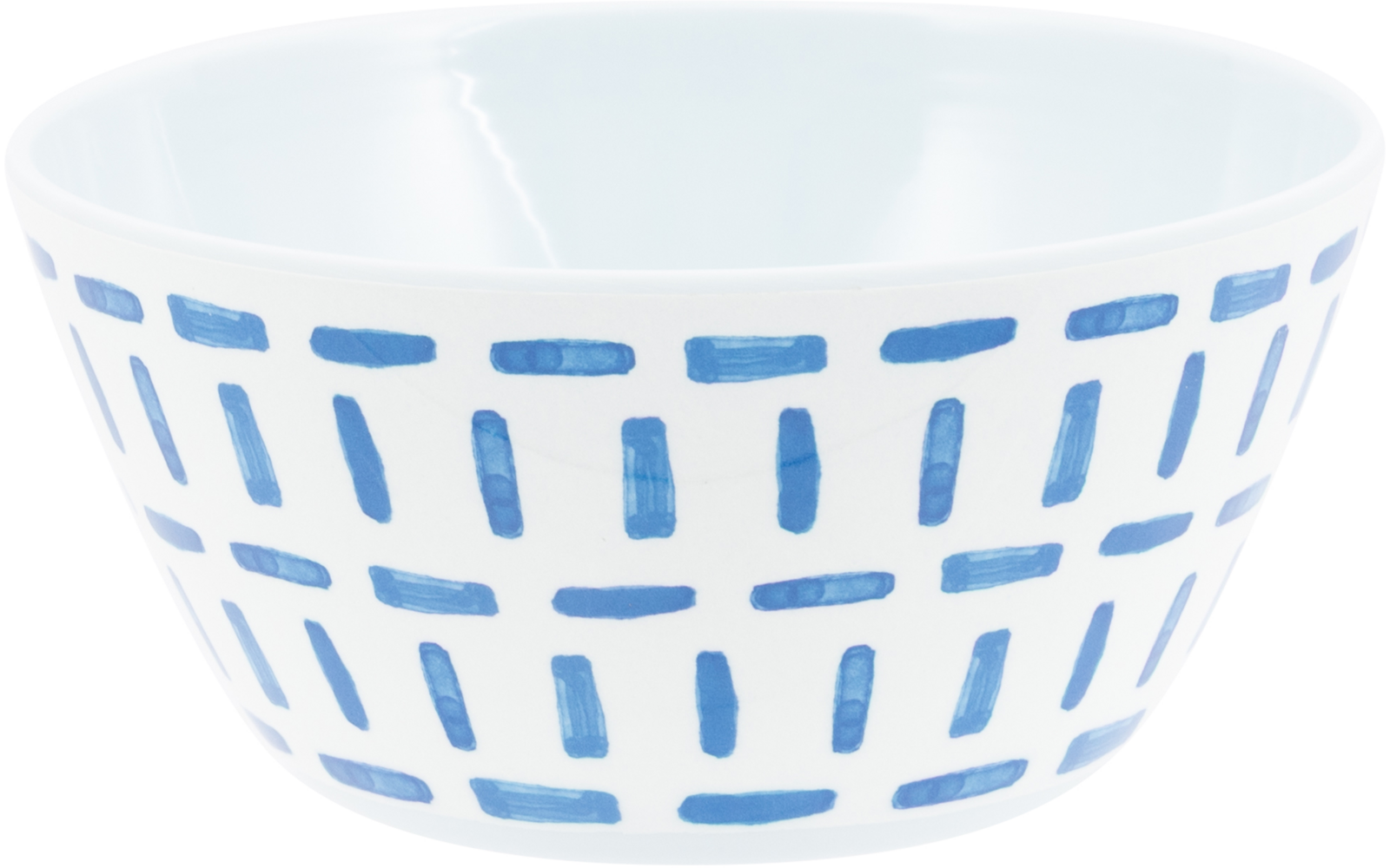 Witte kom met blauw, rechthoekig streepjespatroon aan de buitenkant en witte binnenkant op witte achtergrond