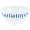 Witte keramische kom met blauwe druppelvormige motieven en een rij kleine blauwe stippen aan de buitenkant