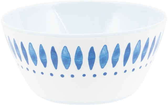 Witte keramische kom met blauwe druppelvormige motieven en een rij kleine blauwe stippen aan de buitenkant