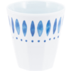 Witte glanzende beker met blauwe ovale decoratieve vormen en een rij blauwe stippen onder de rand, op een witte achtergrond