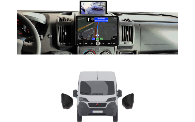 Armaturenbrett mit großem Navigationsbildschirm und kleinem Kamerabild darüber; darunter Frontansicht eines weißen Lieferwagens mit seitlichen Außenspiegeln neben dem Fahrzeug