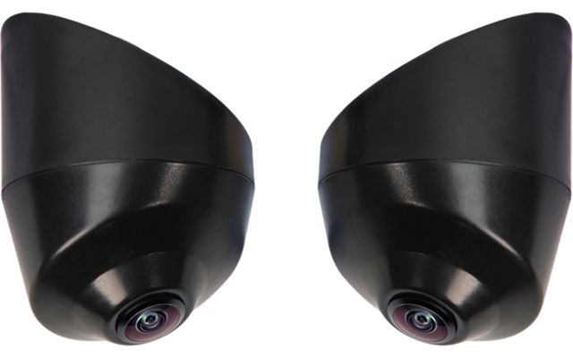 Zwei schwarze, kugelförmige Kameragehäuse mit sichtbaren Objektiven, freigestellt auf weißem Hintergrund