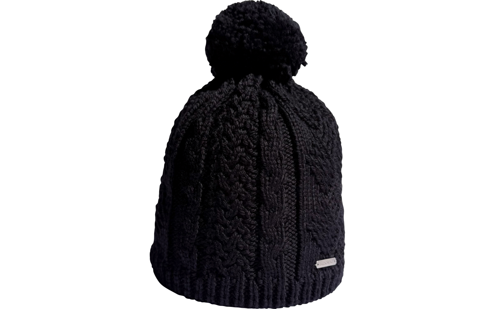Schwarze gestrickte Mütze mit Bommel