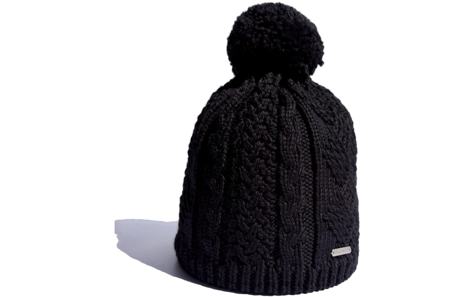 Schwarze gestrickte Mütze mit Bommel