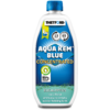 Weiße Plastikflasche mit blauem Schraubverschluss; blaues Etikett mit Marke 'THETFORD', großer Schriftzug 'AQUA KEM BLUE CONCENTRATED'; kleine Symbole '13 doses', 'max 65 days', grünes Emblem '95% less plastic' und Text 'EUCALYPTUS For a fresh and ea