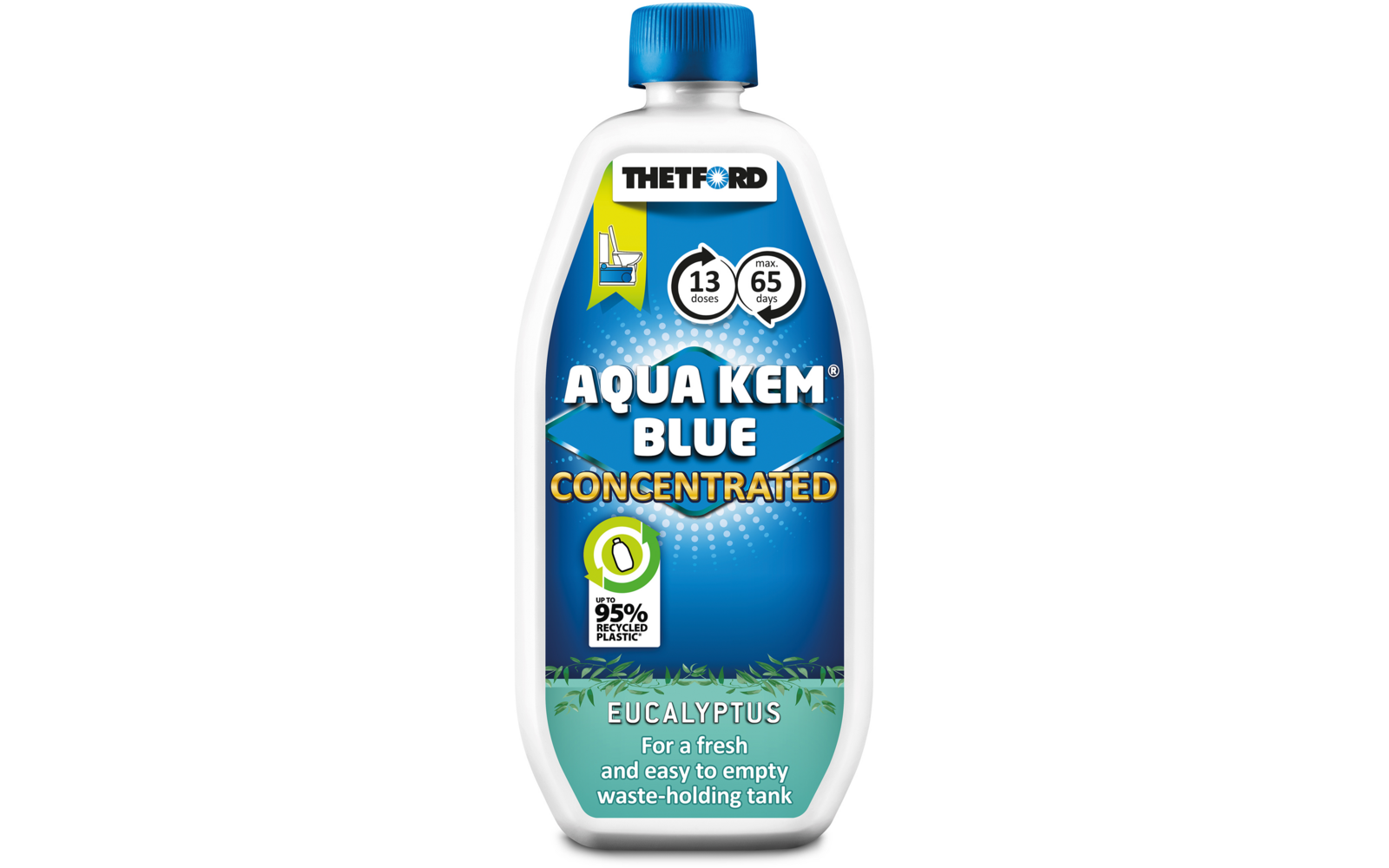 Weiße Plastikflasche mit blauem Schraubverschluss; blaues Etikett mit Marke 'THETFORD', großer Schriftzug 'AQUA KEM BLUE CONCENTRATED'; kleine Symbole '13 doses', 'max 65 days', grünes Emblem '95% less plastic' und Text 'EUCALYPTUS For a fresh and ea