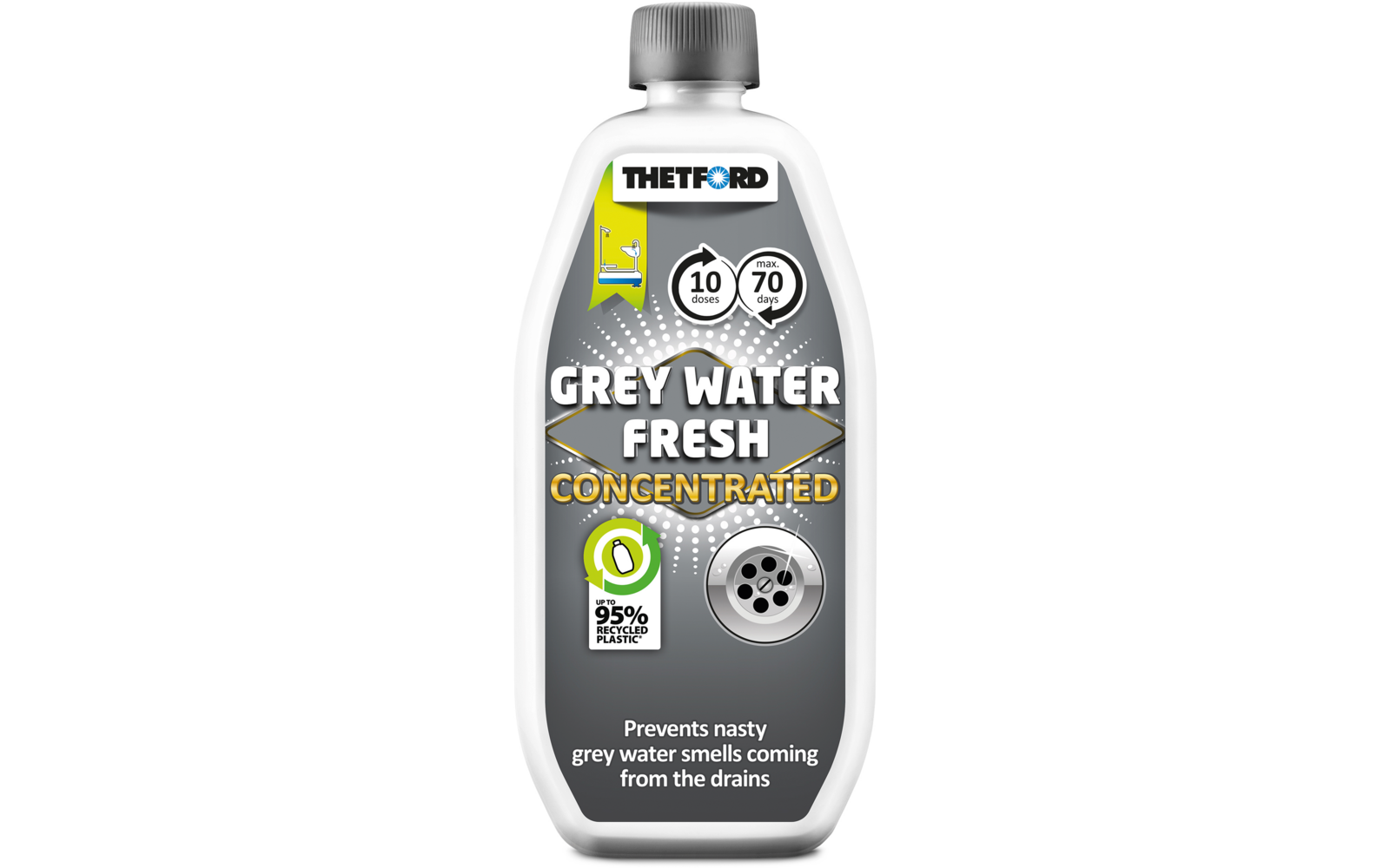Weiße Kunststoffflasche mit grauem Schraubverschluss und Etikett mit Logo 'THETFORD', großem Text 'GREY WATER FRESH CONCENTRATED', Symbolen, grünem rundem '95%'-Symbol, Abflussgitter-Illustration und kleinem Text unten