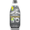 Weiße Kunststoffflasche mit grauem Schraubverschluss und Etikett mit Logo 'THETFORD', großem Text 'GREY WATER FRESH CONCENTRATED', Symbolen, grünem rundem '95%'-Symbol, Abflussgitter-Illustration und kleinem Text unten