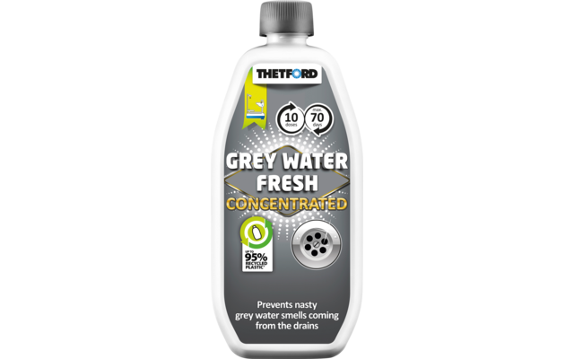 Bouteille en plastique blanche avec bouchon à vis gris et étiquette montrant le logo 'THETFORD', texte en gros 'GREY WATER FRESH CONCENTRATED', icônes, symbole rond vert '95%', illustration d'une grille d'évacuation et petit texte en bas