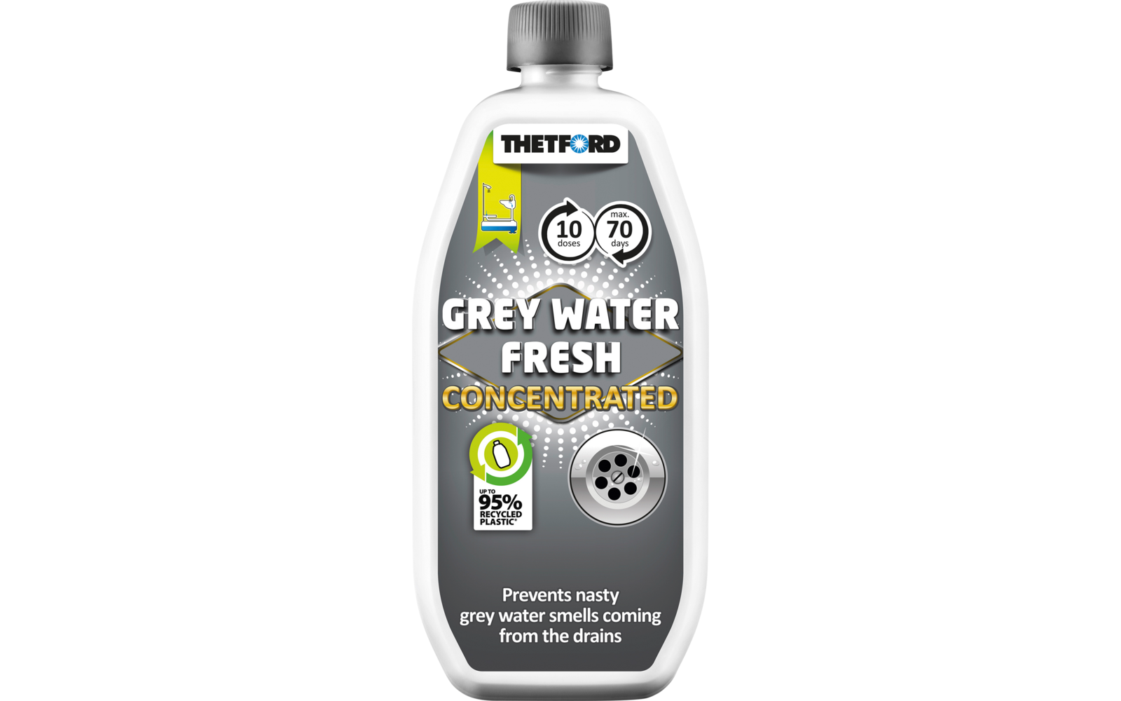 Bouteille en plastique blanche avec bouchon à vis gris et étiquette montrant le logo 'THETFORD', texte en gros 'GREY WATER FRESH CONCENTRATED', icônes, symbole rond vert '95%', illustration d'une grille d'évacuation et petit texte en bas