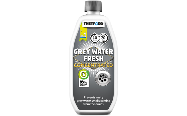 White plastic bottle with grey screw cap and label showing 'THETFORD' logo, large text 'GREY WATER FRESH CONCENTRATED', icons, green circular '95%' symbol, drain-grate illustration and small text at the bottom